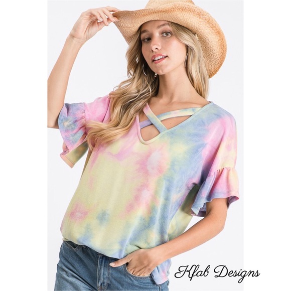 ❤️LAST 1! Criss Cross Tie Dye Flutter Sleeve Top! - Picture 4 of 7